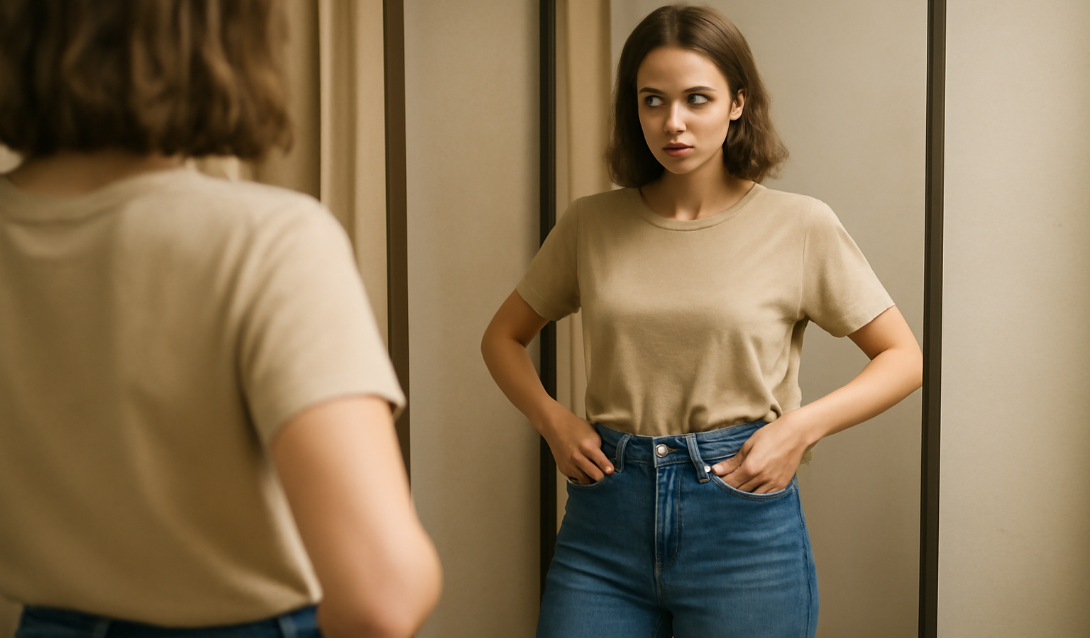 femme essayant jean taille haute devant miroir