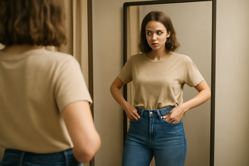 femme essayant jean taille haute devant miroir