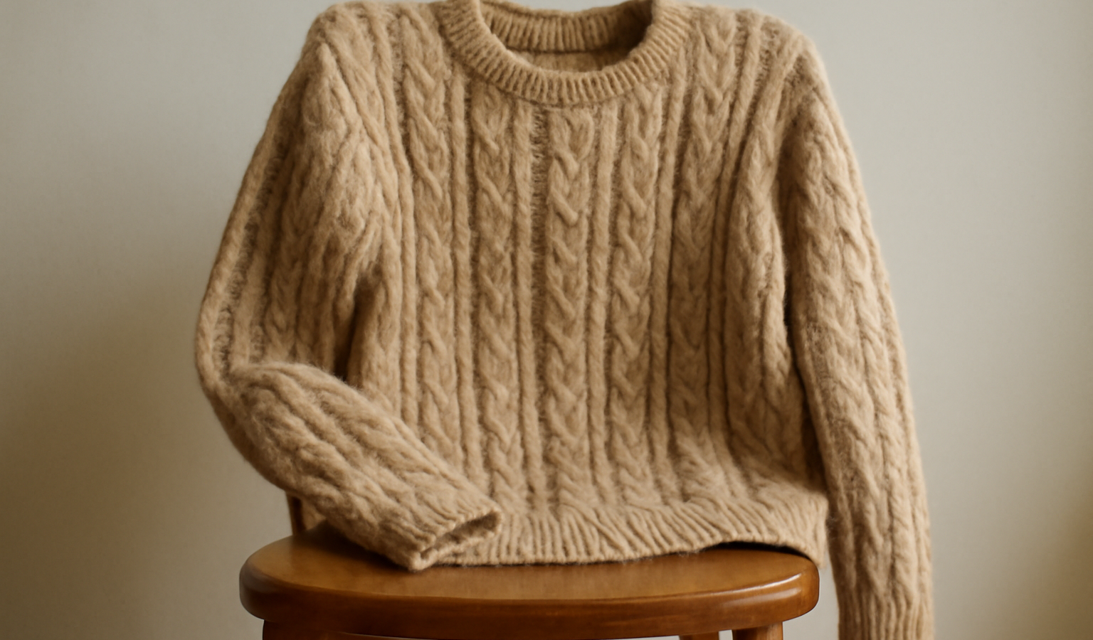 pull en laine pose sur chaise en bois