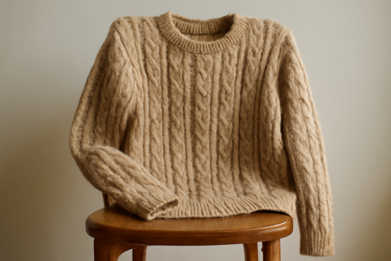pull en laine pose sur chaise en bois