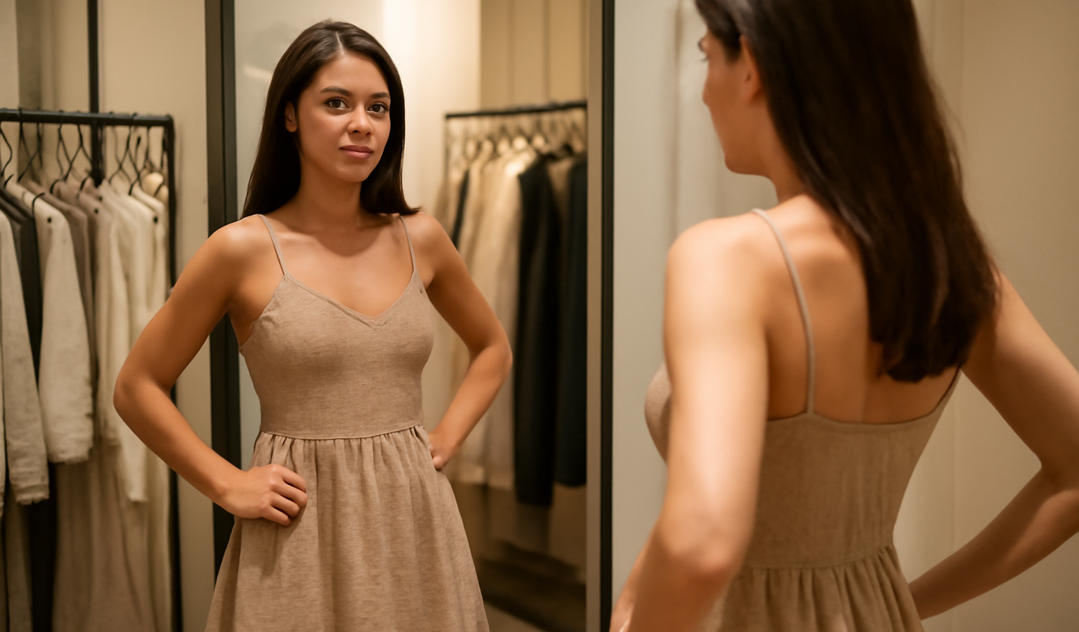 femme essayant robe devant miroir en boutique