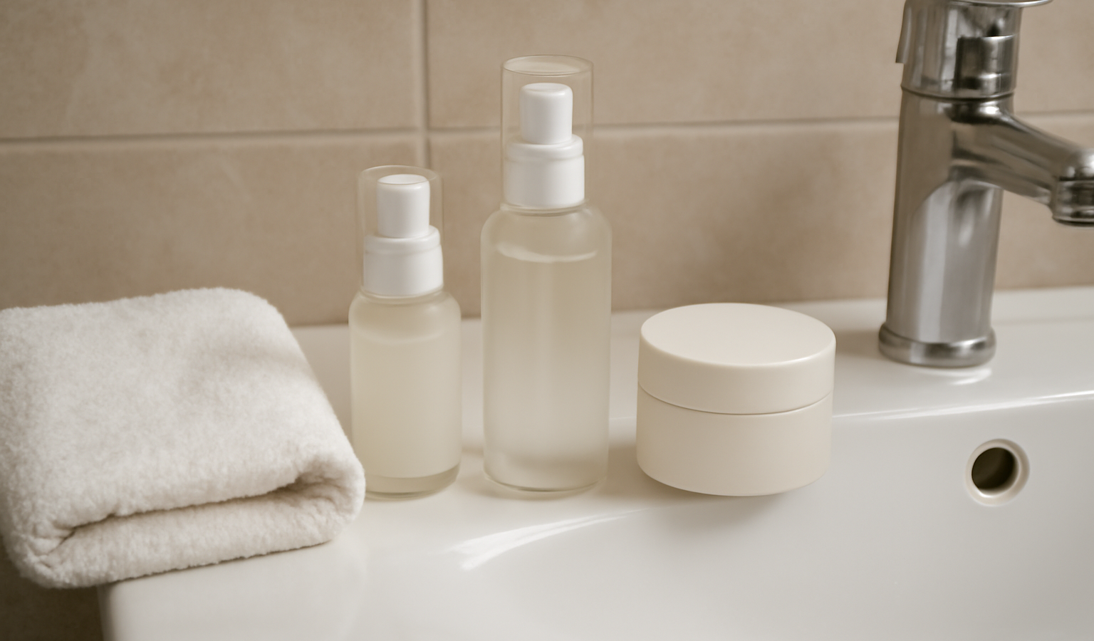 flacons soins visage et serviette sur lavabo