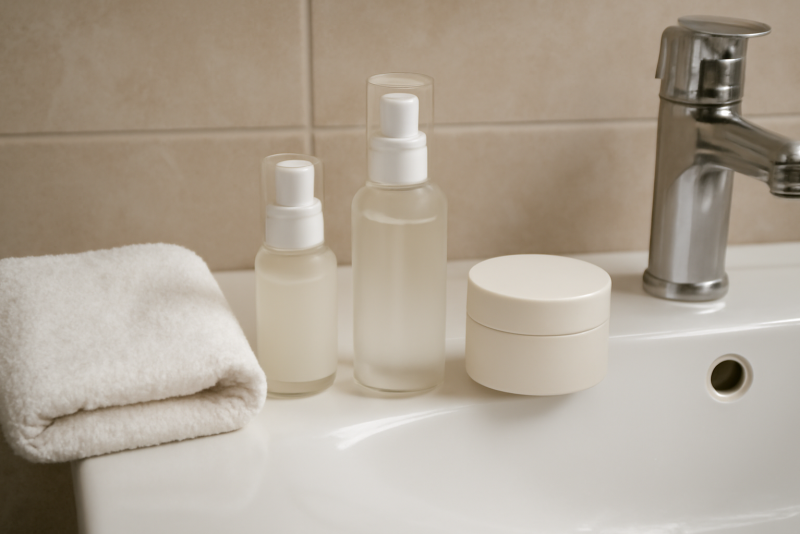 flacons soins visage et serviette sur lavabo