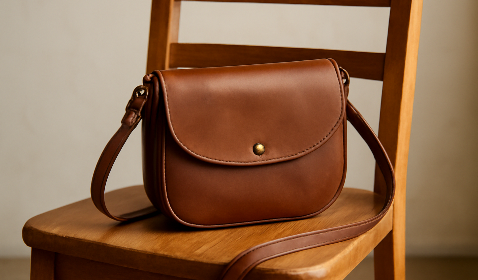 sac bandoulière posé sur chaise en bois