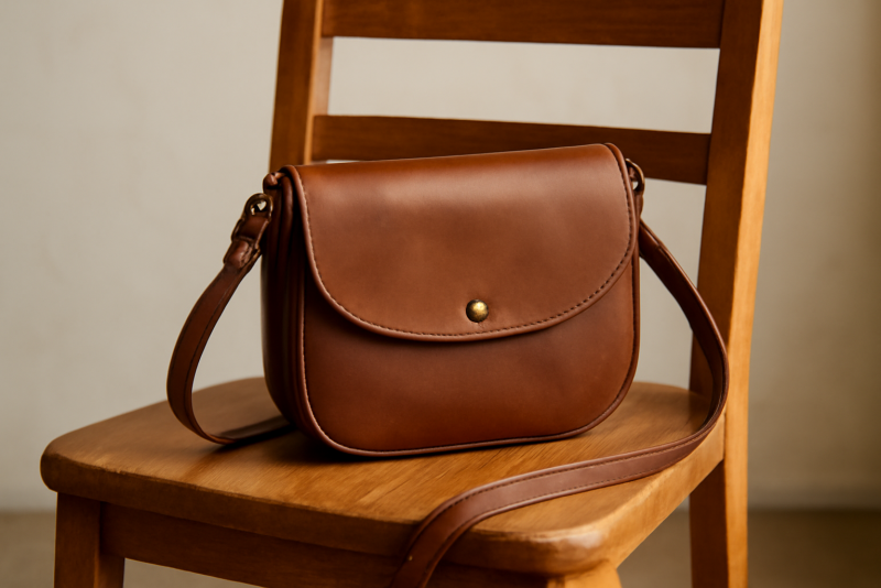 sac bandoulière posé sur chaise en bois