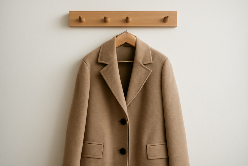manteau en laine accroché sur porte manteau