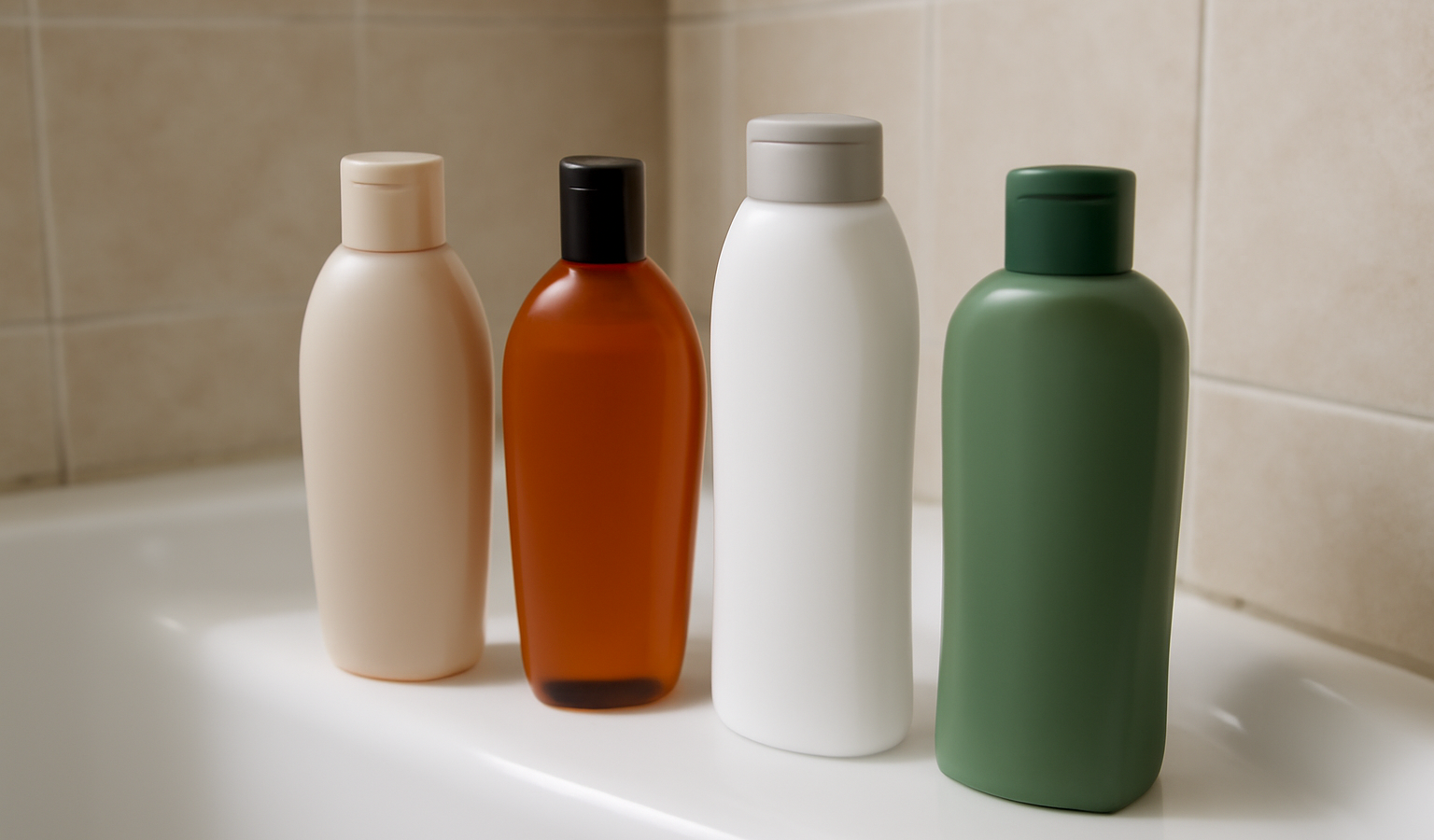 flacons de shampoing differents poses sur baignoire