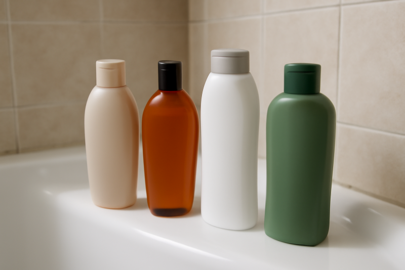 flacons de shampoing differents poses sur baignoire