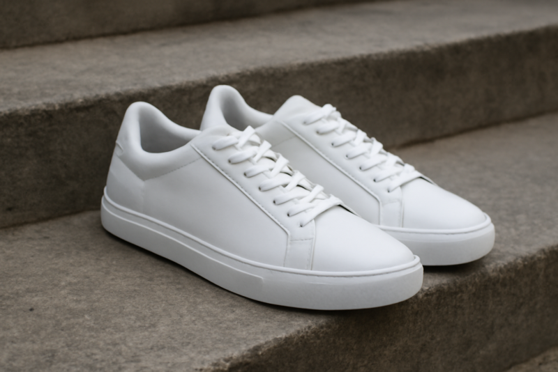 paire de baskets blanches posees sur marche