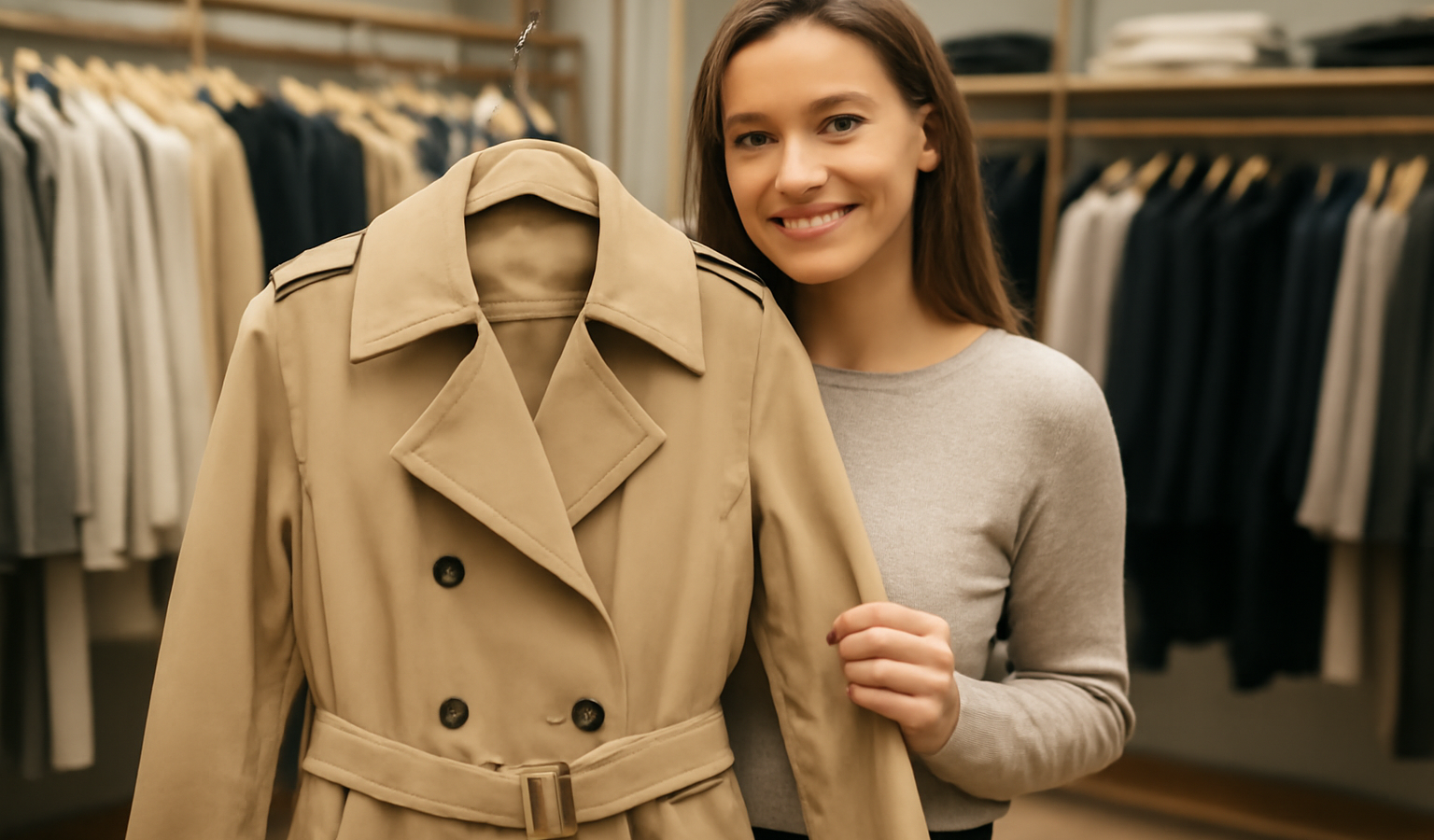 cliente tenant un trench beige en magasin