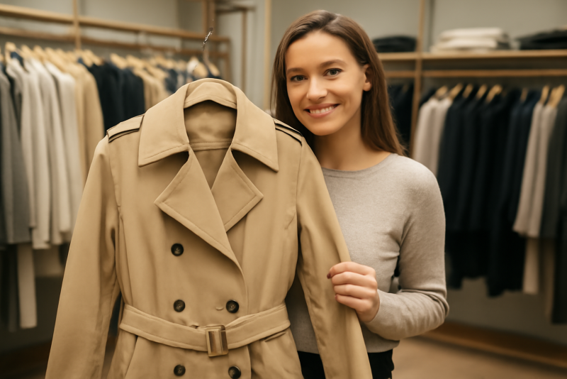 cliente tenant un trench beige en magasin