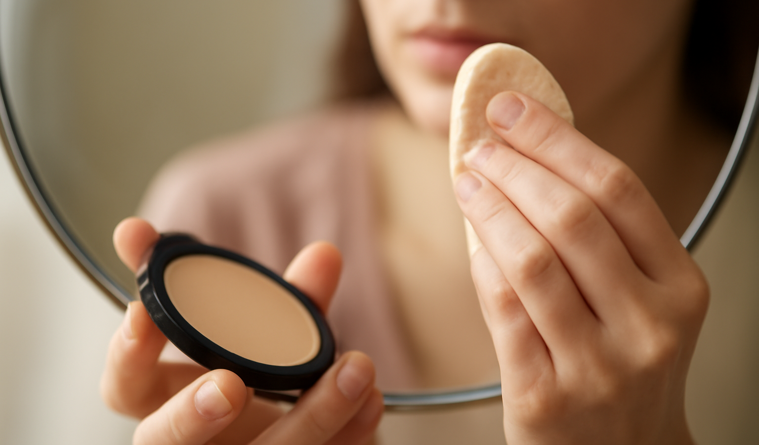 mains estompant maquillage près miroir