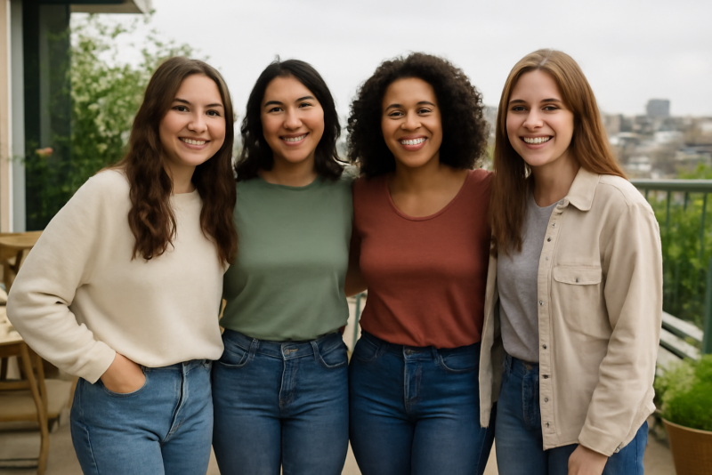 groupe d'amies en tenues décontractées terrasse
