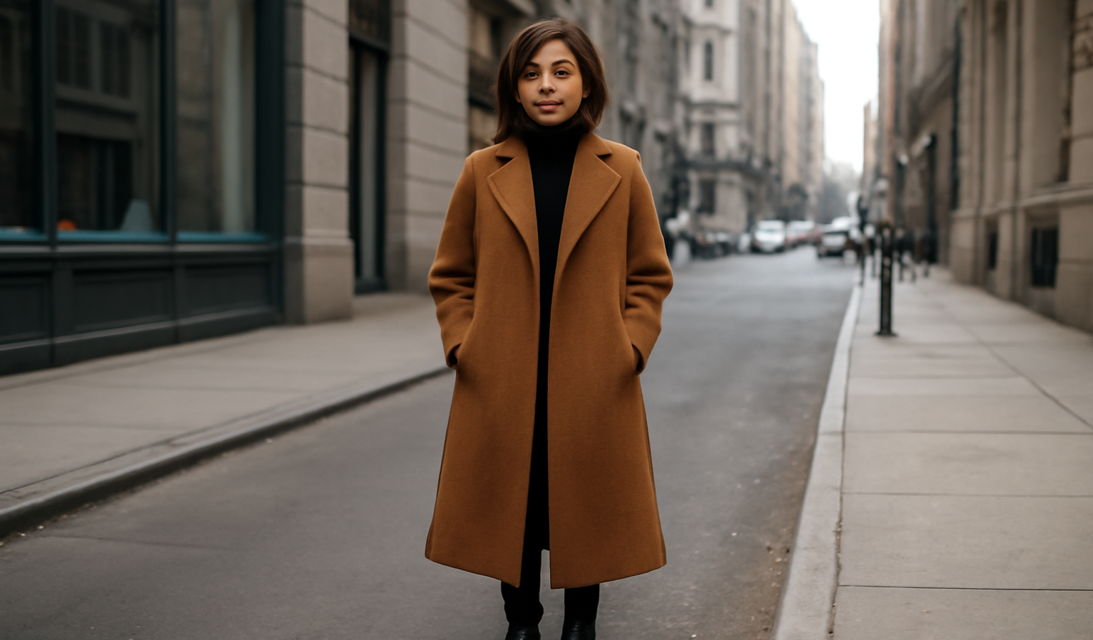 femme petite portant manteau long en ville