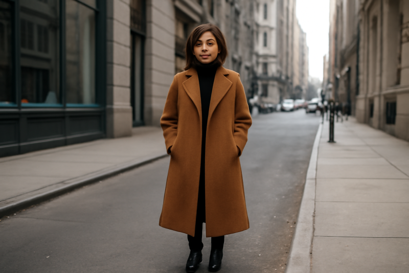 femme petite portant manteau long en ville