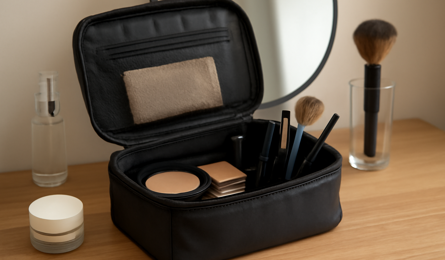 trousse maquillage ouverte sur coiffeuse