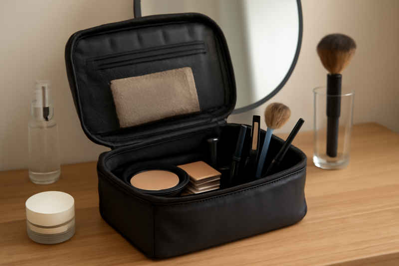 trousse maquillage ouverte sur coiffeuse