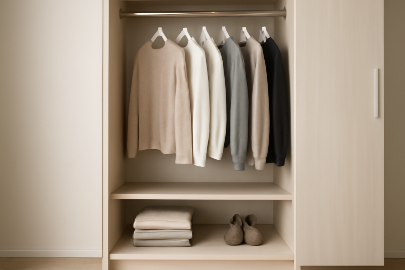 petite garde-robe minimaliste ouverte