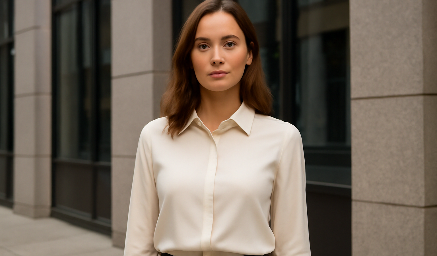 femme portant chemisier chic devant immeuble