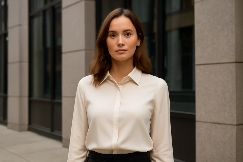 femme portant chemisier chic devant immeuble