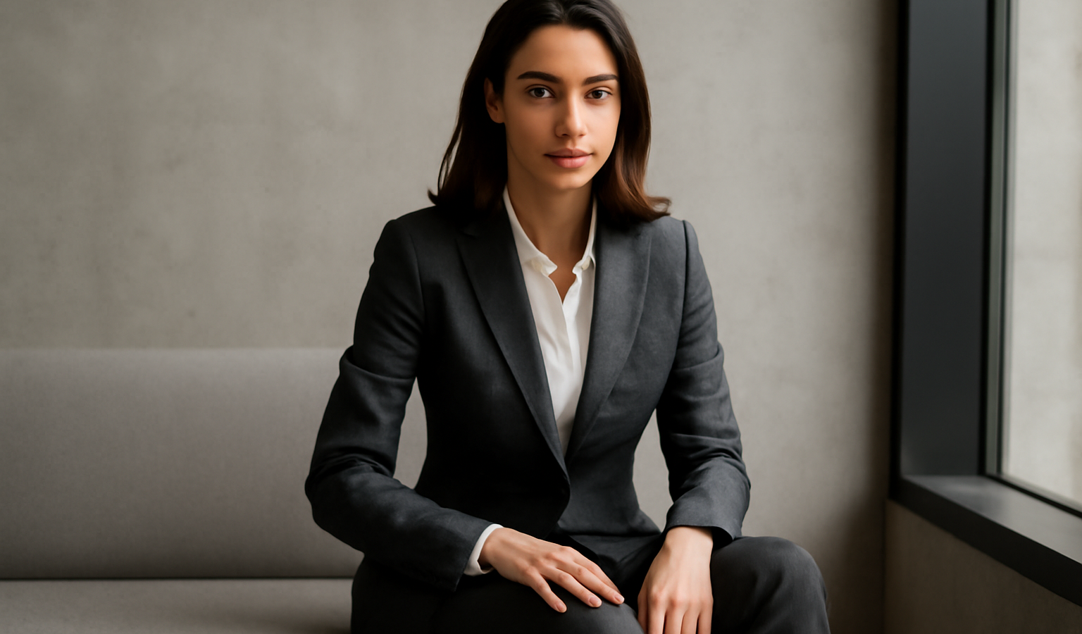 femme en tailleur moderne assise
