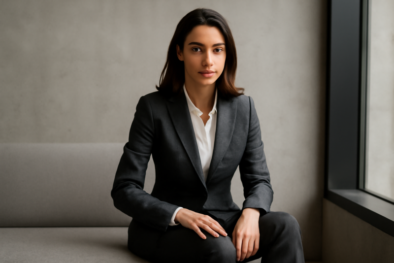 femme en tailleur moderne assise
