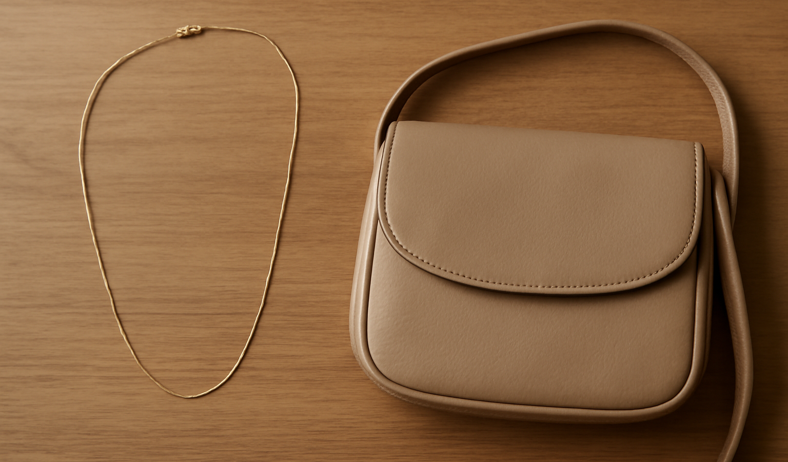 collier fin et sac compact sur table