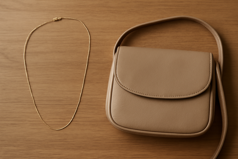 collier fin et sac compact sur table