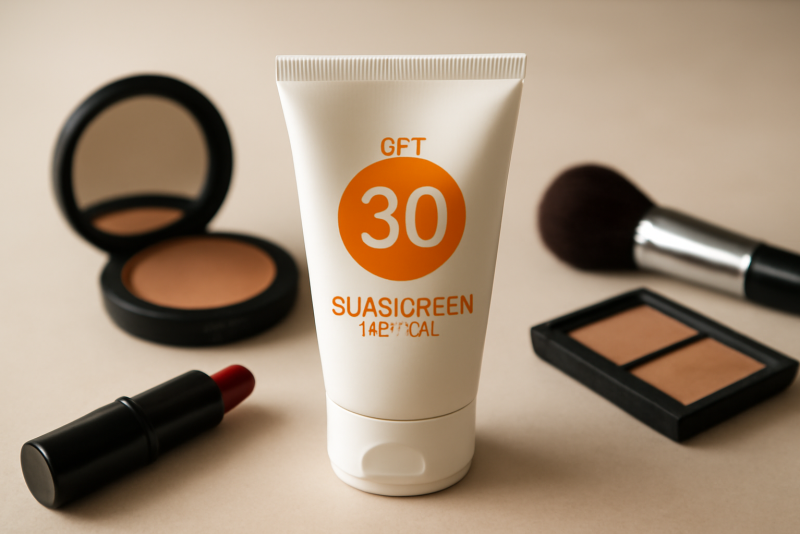 tube crème solaire posé près maquillage