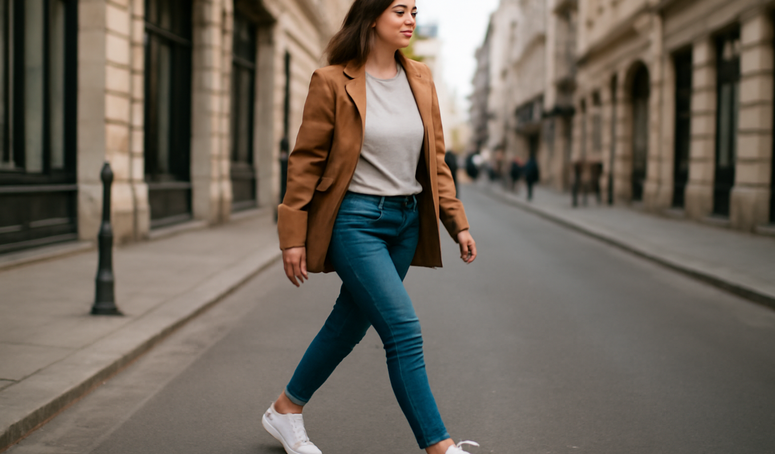 femme marchant en baskets blanches en ville