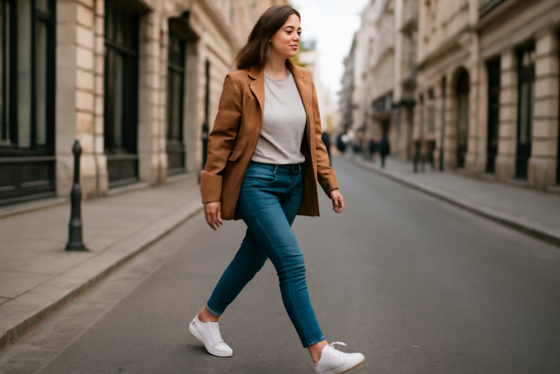 femme marchant en baskets blanches en ville