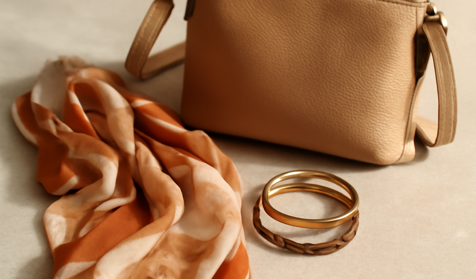 bracelets et foulard posés près d'un sac