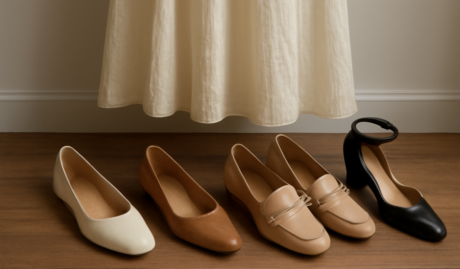 différentes chaussures disposées près d'une robe