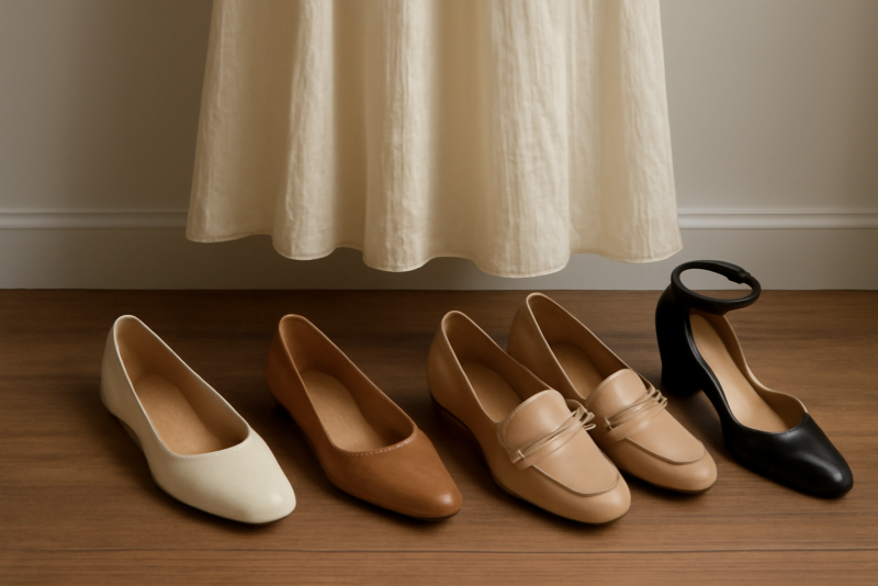 différentes chaussures disposées près d'une robe