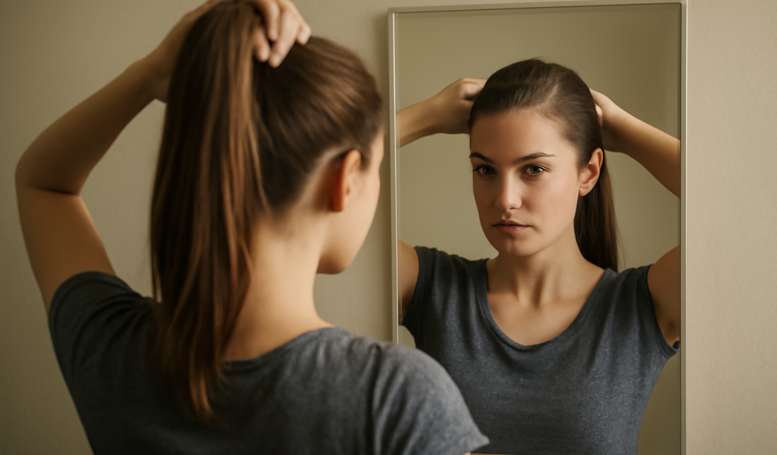 femme realisant une queue de cheval devant miroir
