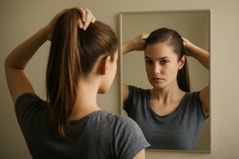 femme realisant une queue de cheval devant miroir