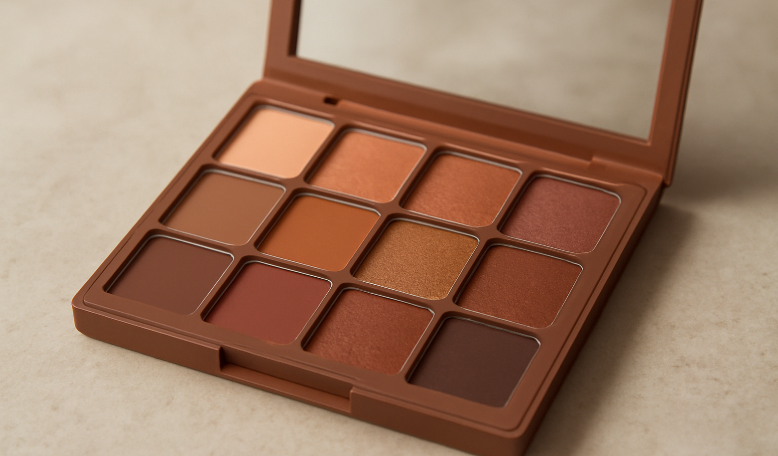 palette de maquillage aux tons chauds posée