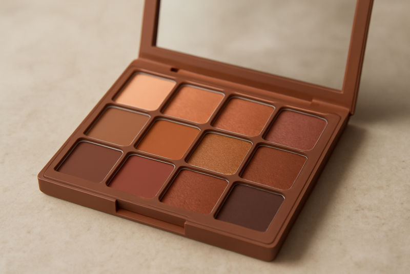 palette de maquillage aux tons chauds posée
