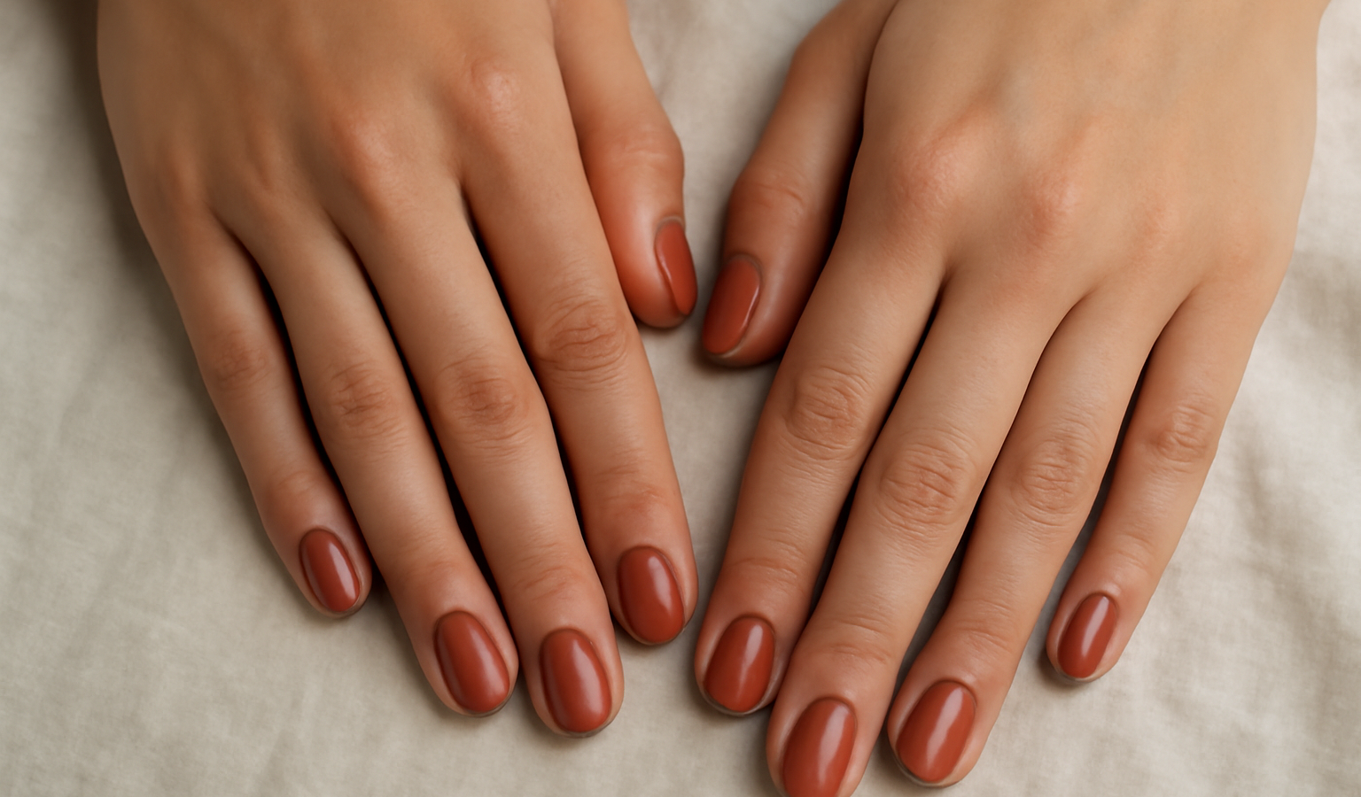 mains aux ongles vernis posees sur tissu