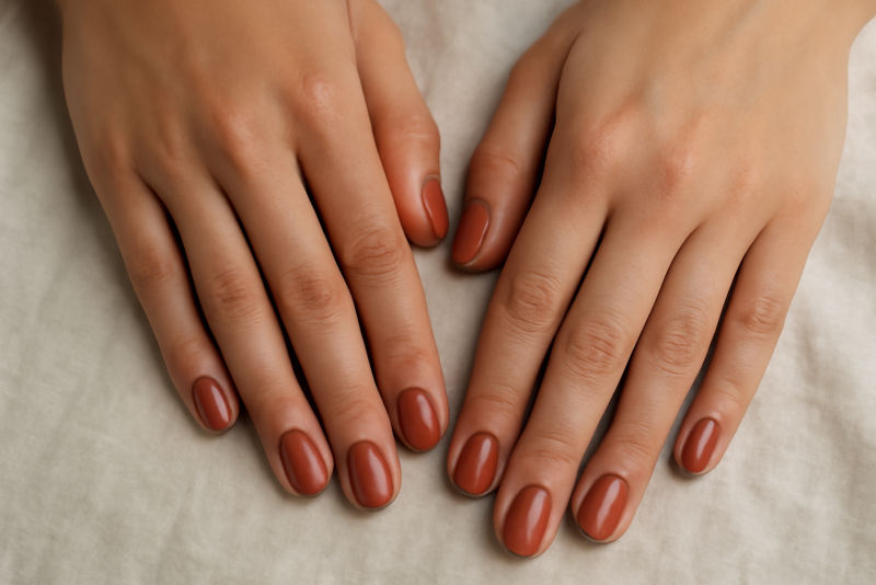 mains aux ongles vernis posees sur tissu
