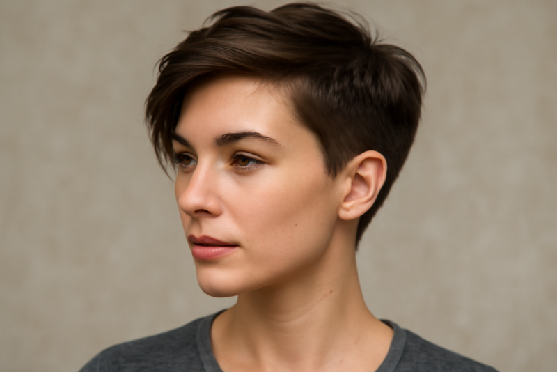 femme cheveux courts coiffés côté