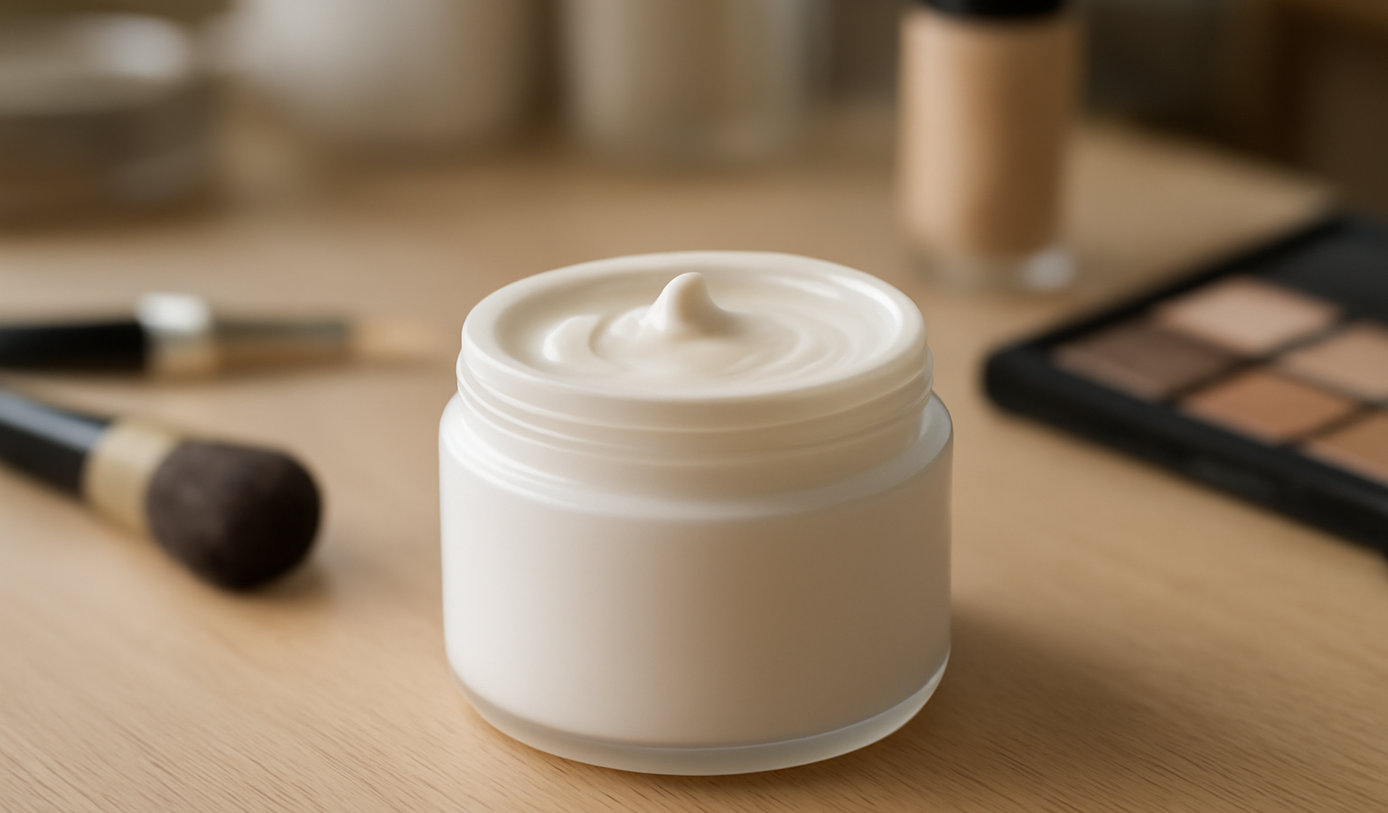 flacon de crème posé sur table de maquillage