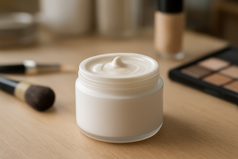 flacon de crème posé sur table de maquillage