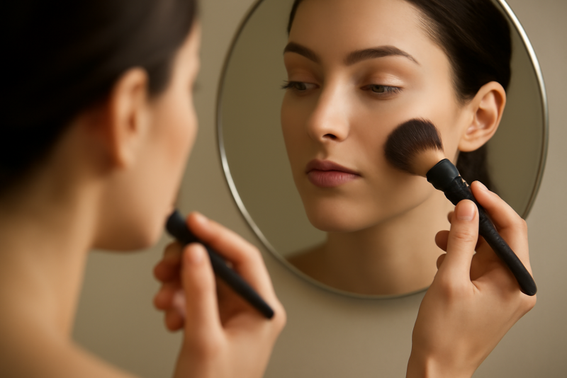 mains retouchant maquillage devant miroir