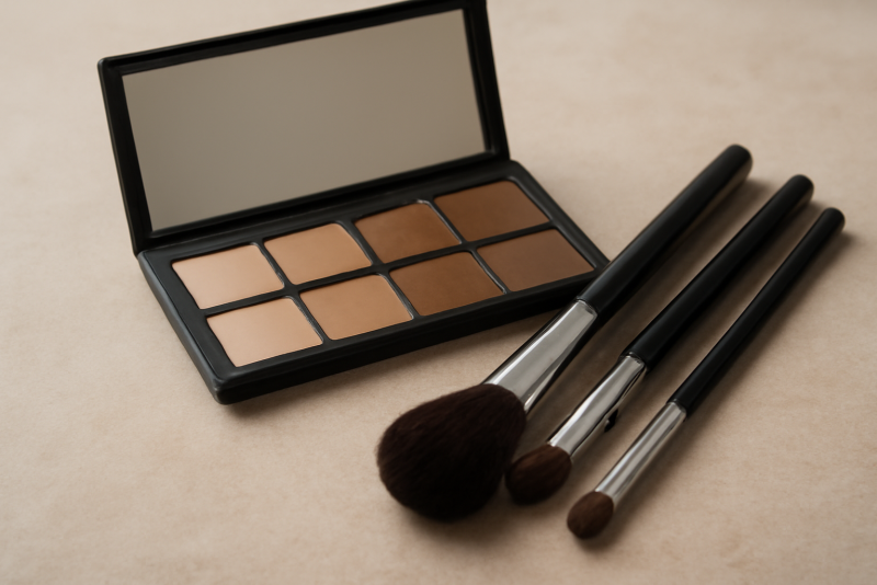 boite de maquillage et pinceaux poses