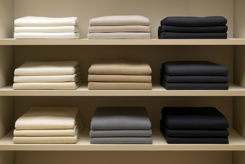 rayon de vêtements pliés sur étagères neutres