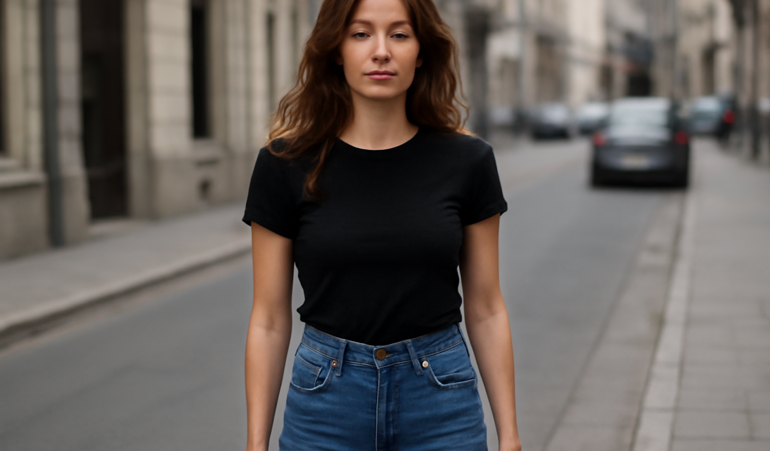 femme portant jean taille haute en rue