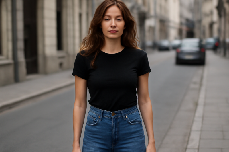 femme portant jean taille haute en rue