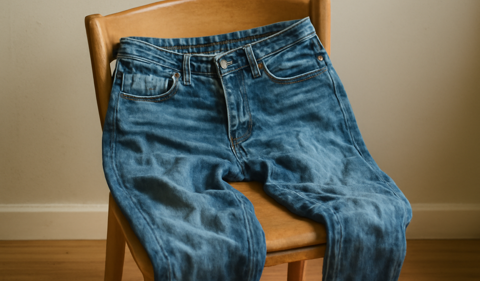 jean posé froissé après lavage sur chaise