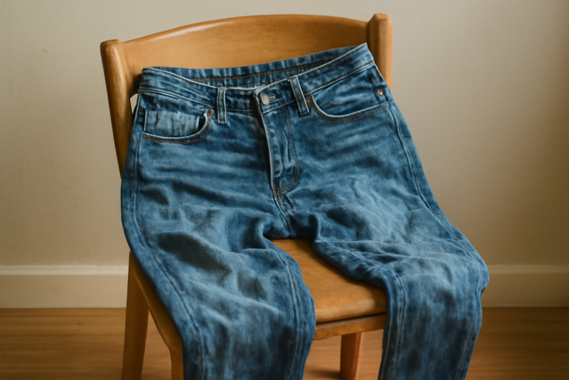 jean posé froissé après lavage sur chaise